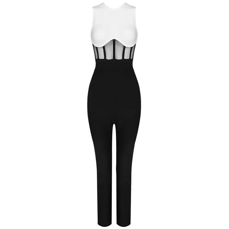 Insert Mesh Black and White Bodycon Bandage Jumpsuit