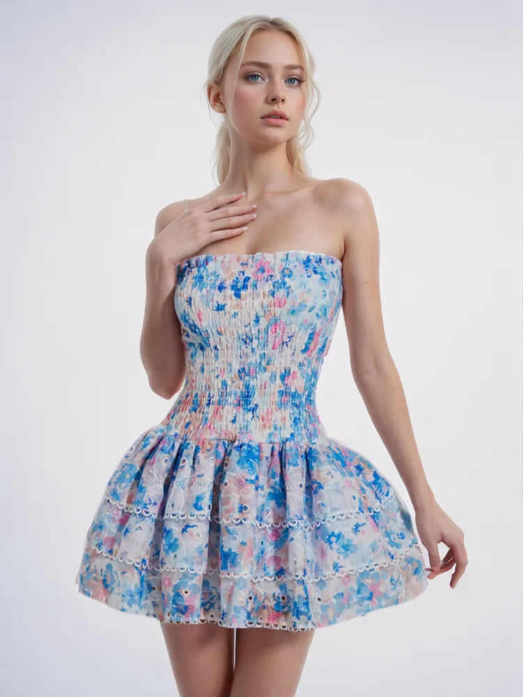 Hit Color Floral Printing strapless Dress