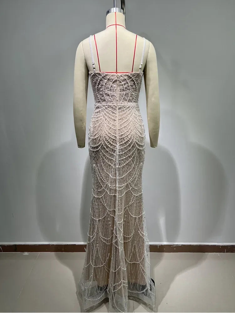 V Neck Pearl Beading Beige Maxi Dress