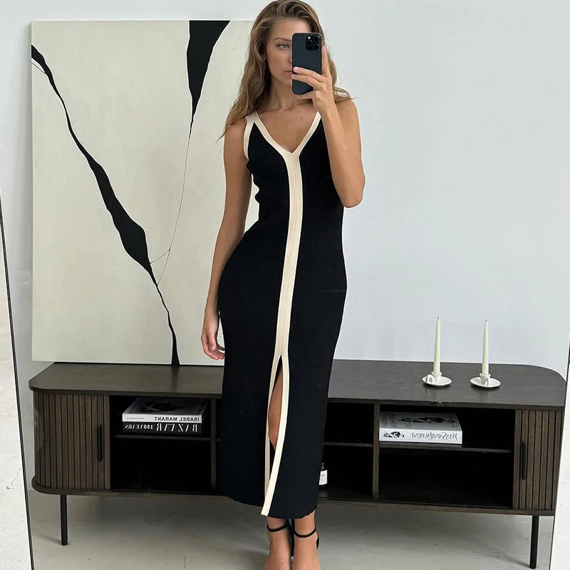 Fabiola Contrast Spliced Halter Maxi Dress