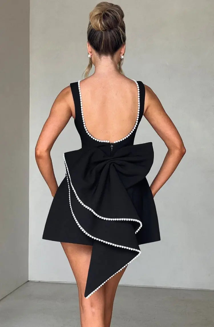 Elegant Pearl Bow Backless Short Dress Mini Dress 1