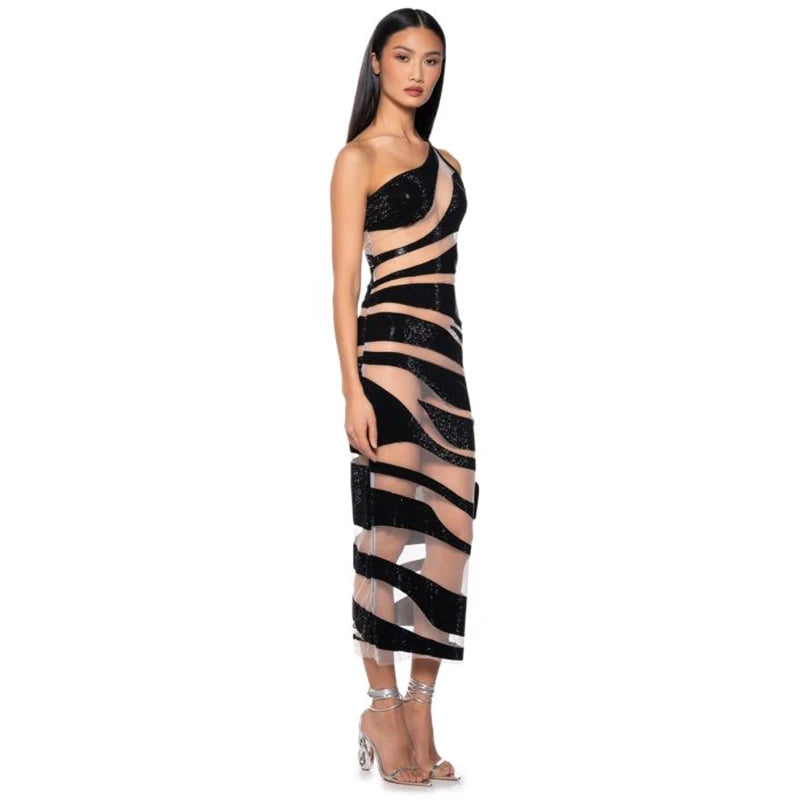 Single Shoulder Stripe Bandage Long Dress