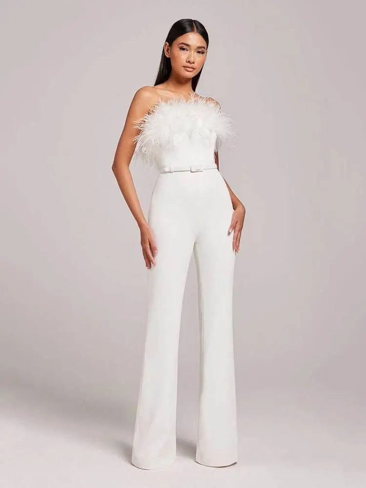 Strapless Sleeveless Off Shoulder Feather Jumpsuit