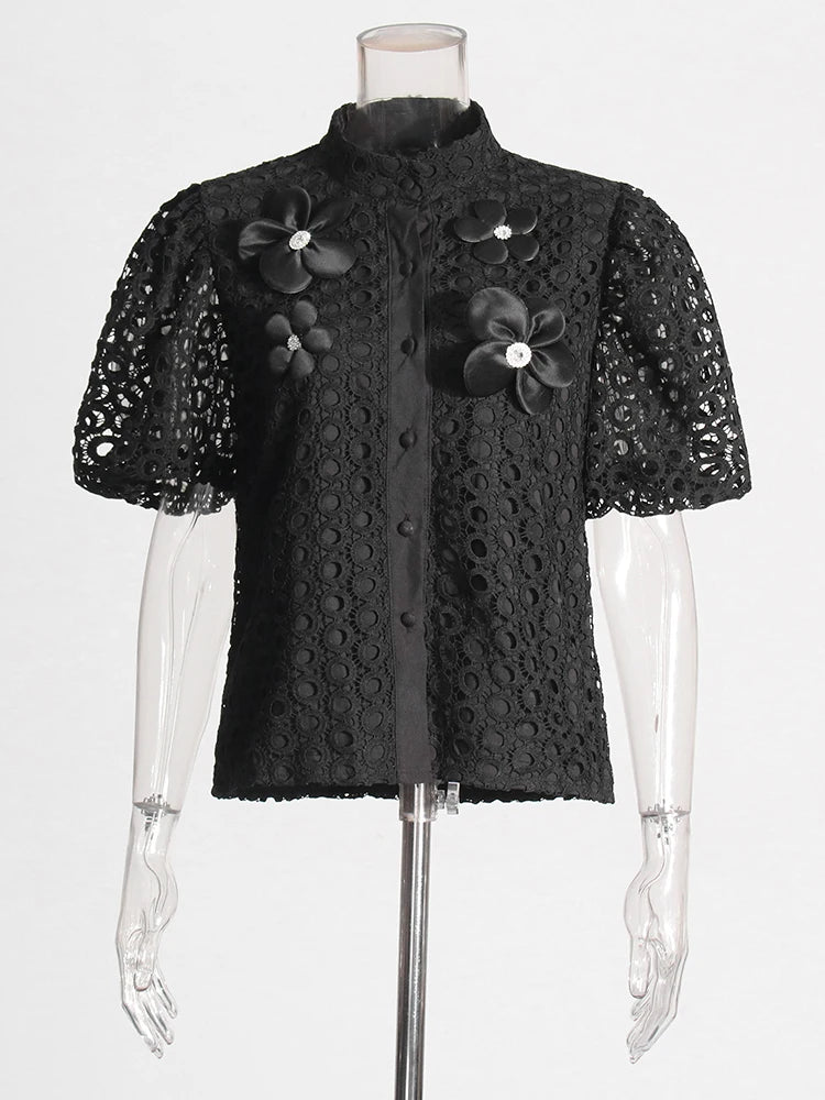 Hollow Out Spliced Appliques Blouses BLACK PE Blouses