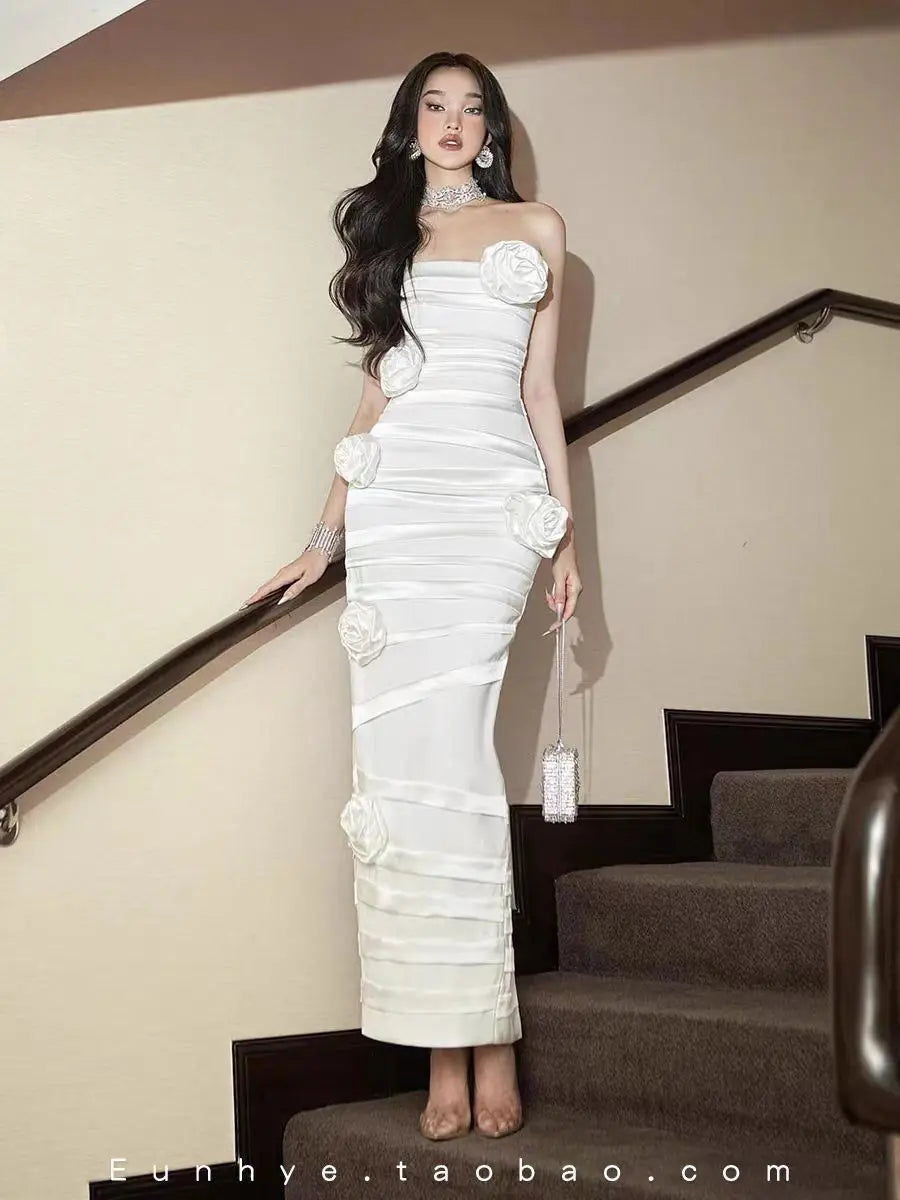 Romatic 3D rose Floowser aplique body dress White Maxi dress 1