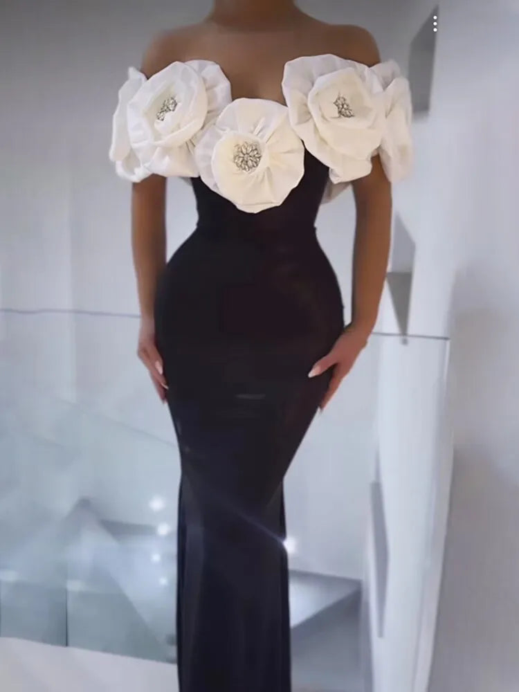 Off Shoulder Flower Diamonds Black Maxi Long Bodycon Bandage Dress Black Maxi dress 1