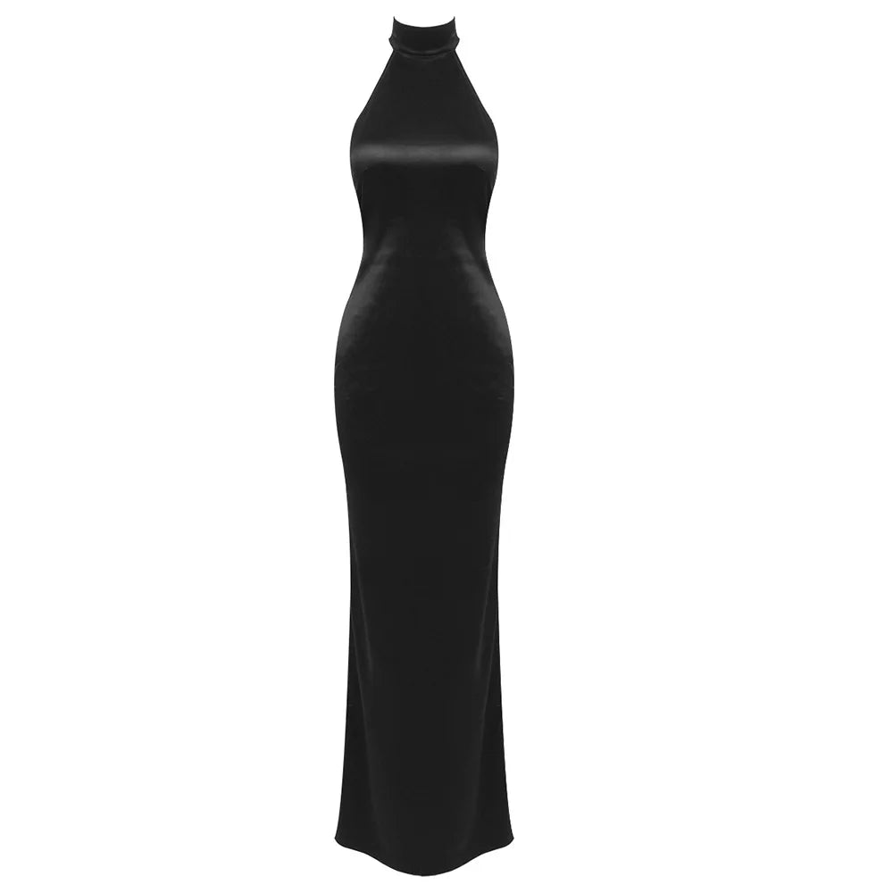 Halter Draped Backless Pearls Chains Maxi Dress Black Maxi dress 1