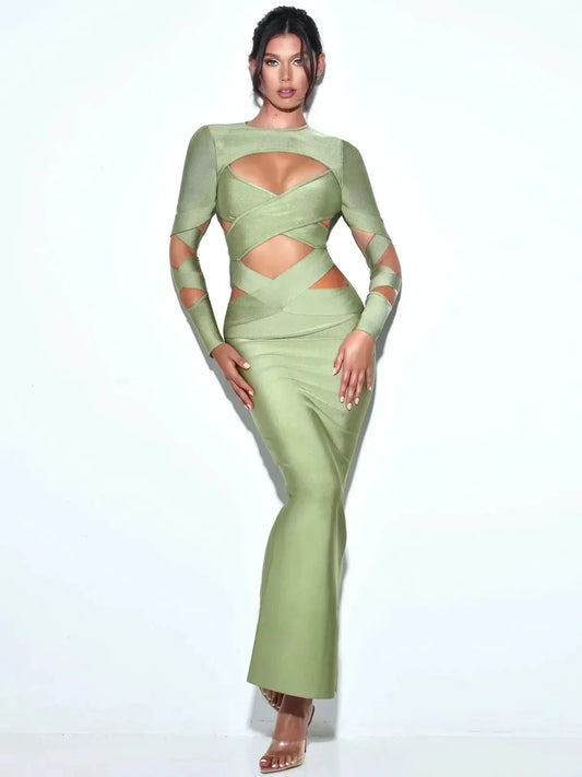 Maxi Dress Elegant Sexy Tight Bandage Long Sleeve Hollow Design army green Maxi dress 1