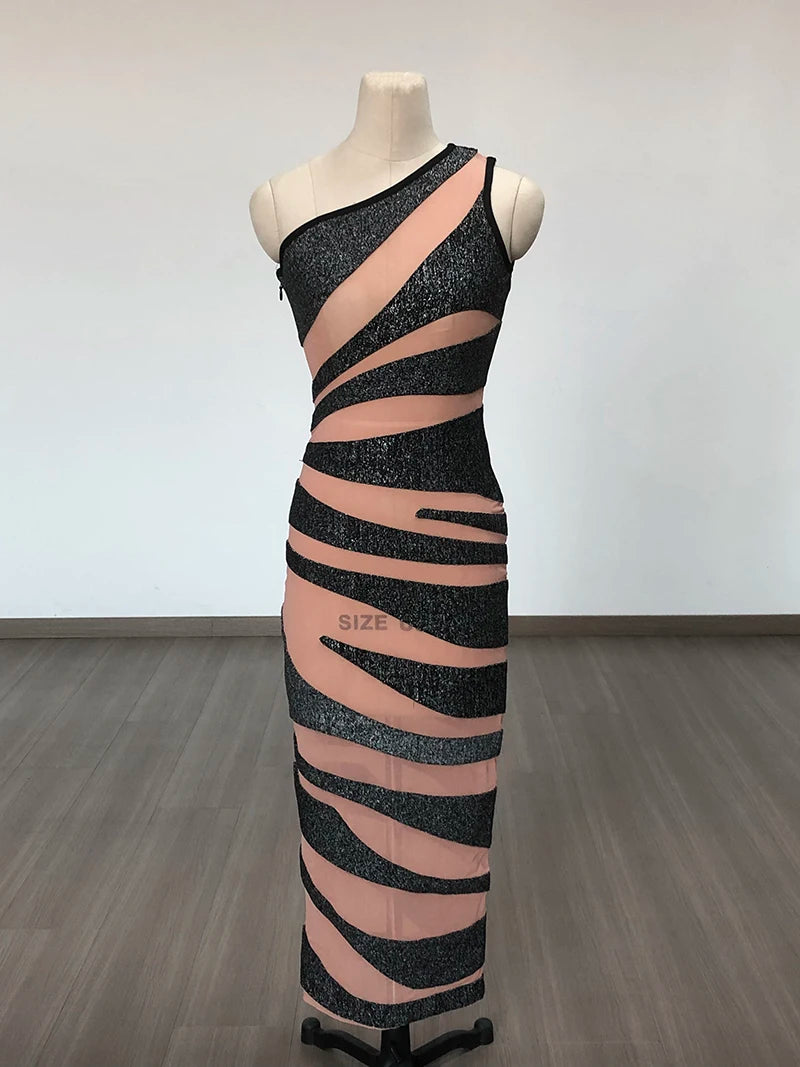 Single Shoulder Stripe Bandage Long Dress