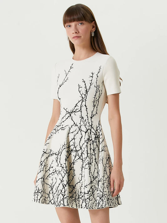 Short Sleeves Branch Jacquard Design Short Dress