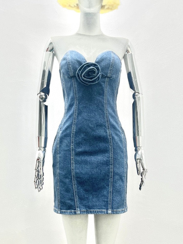 Denim Patchwork Floral Solid Dresses F