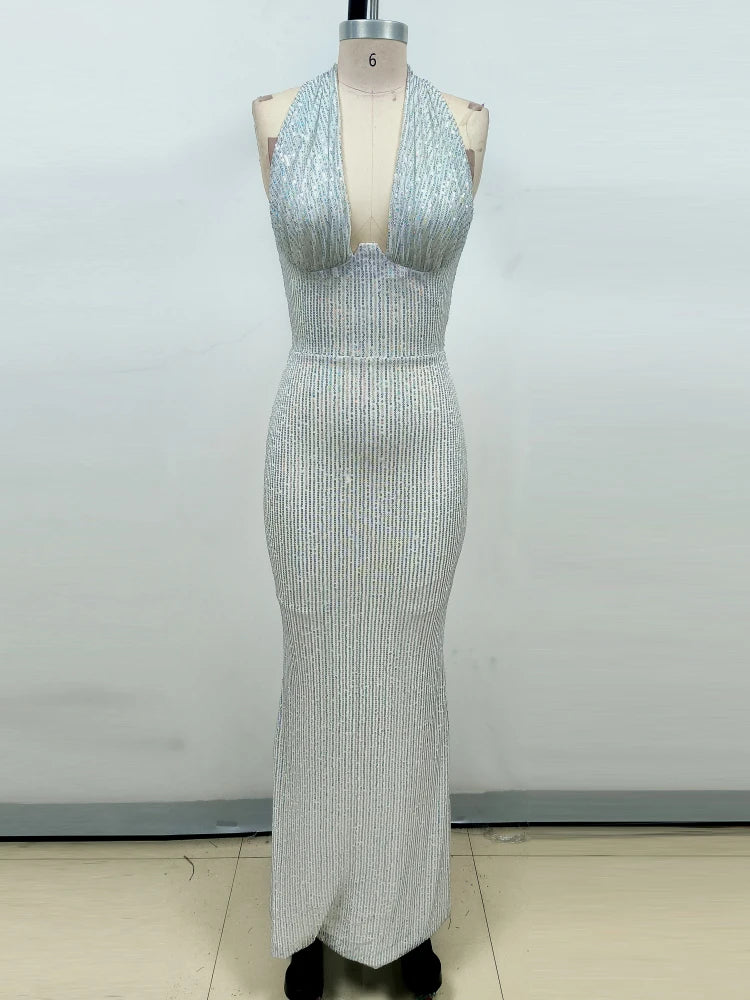 Sexy Halter Deep V Neck Sequins Maxi Dress Silver Maxi dress 1