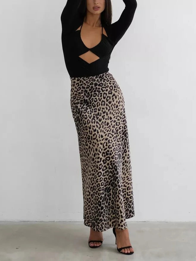 Leopard Satin Skirt Elastic High Waist