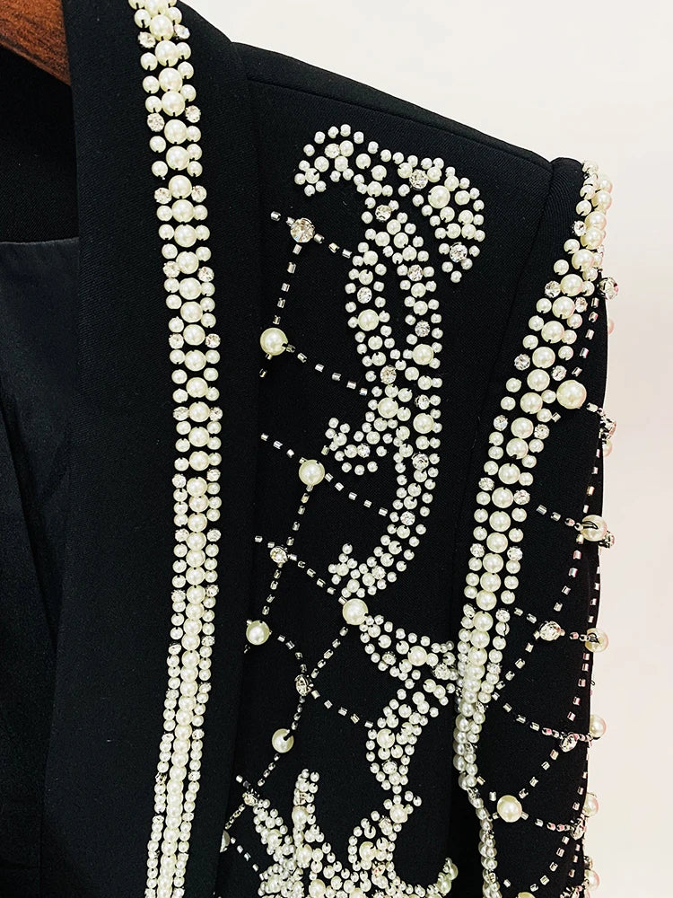 TOP QUALITY  Stunning Diamonds Pearls Beaded Black Blazer Dress