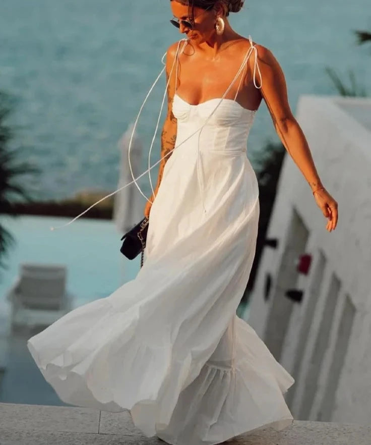 White Sling Sleeveless Backless Long Dresses