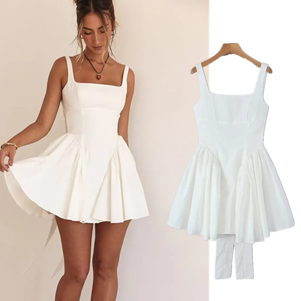 Withered French Elegant White Cotton Stitching Mini Dress