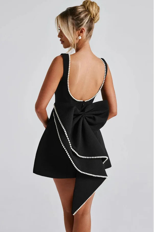 Elegant Pearl Bow Backless Short Dress Mini Dress 1