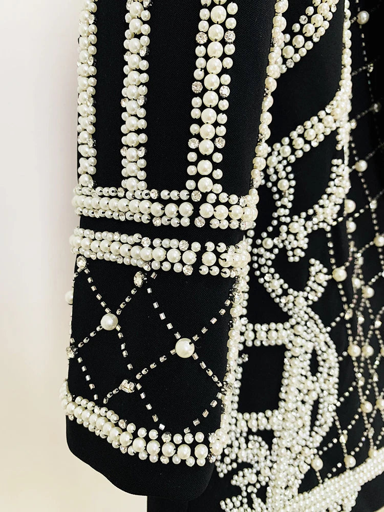 TOP QUALITY  Stunning Diamonds Pearls Beaded Black Blazer Dress