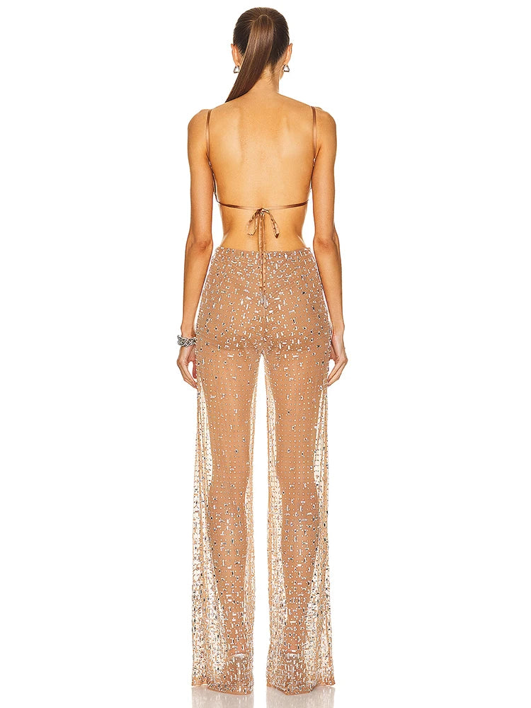 Straps Perspective Mesh Crystal Diamond jumpsuit