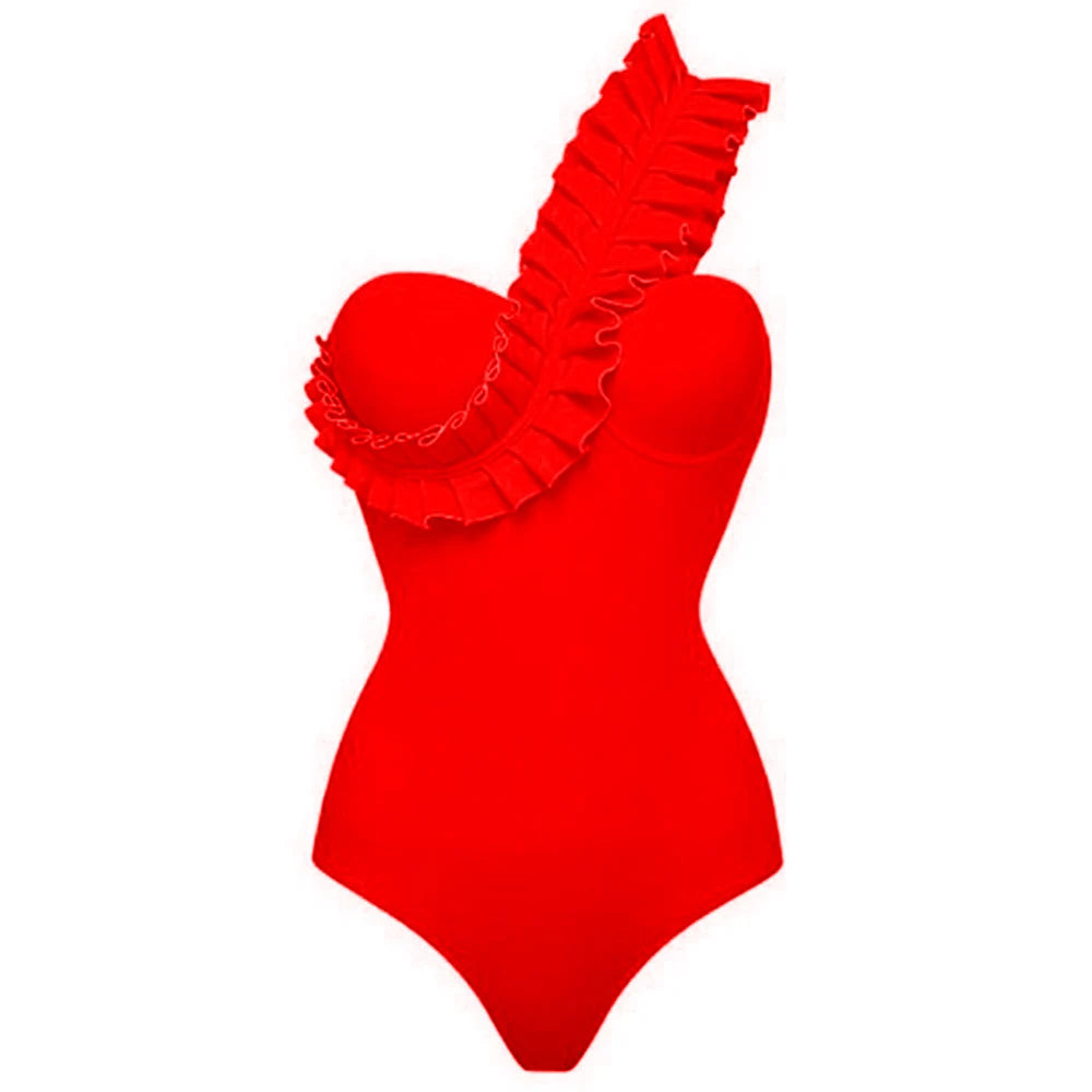 One Piece Swimsuit one shoulder Monokini red Swimwear