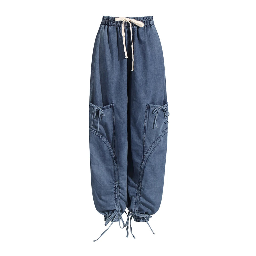 Denim Spliced Lace Up Jeans Bottoms