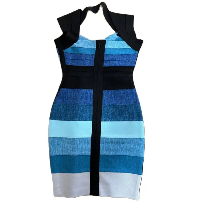 hater neck gradient blue bandage dress