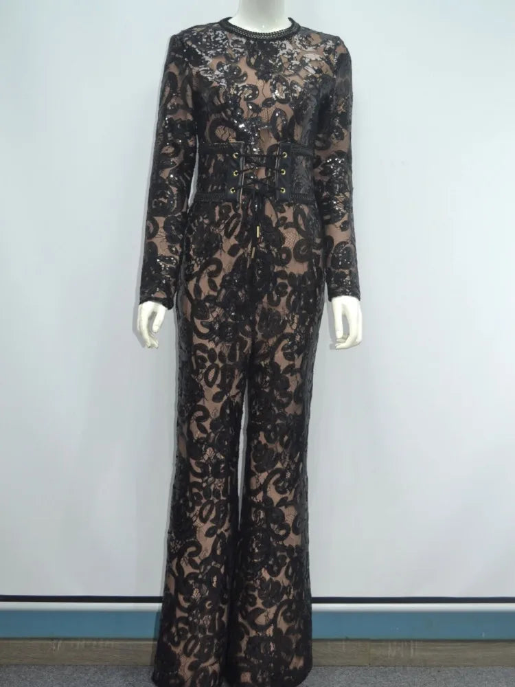 Long sleeve lace sequins bandage jumpsuit Jumpsuit/Rompers