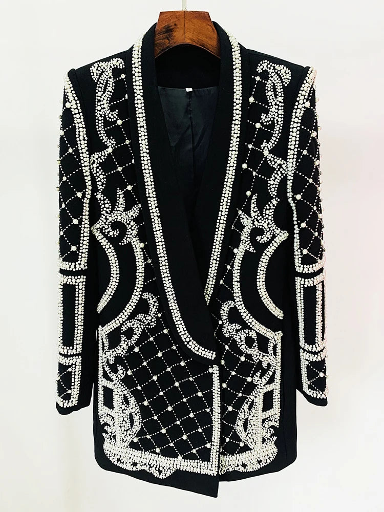 TOP QUALITY  Stunning Diamonds Pearls Beaded Black Blazer Dress