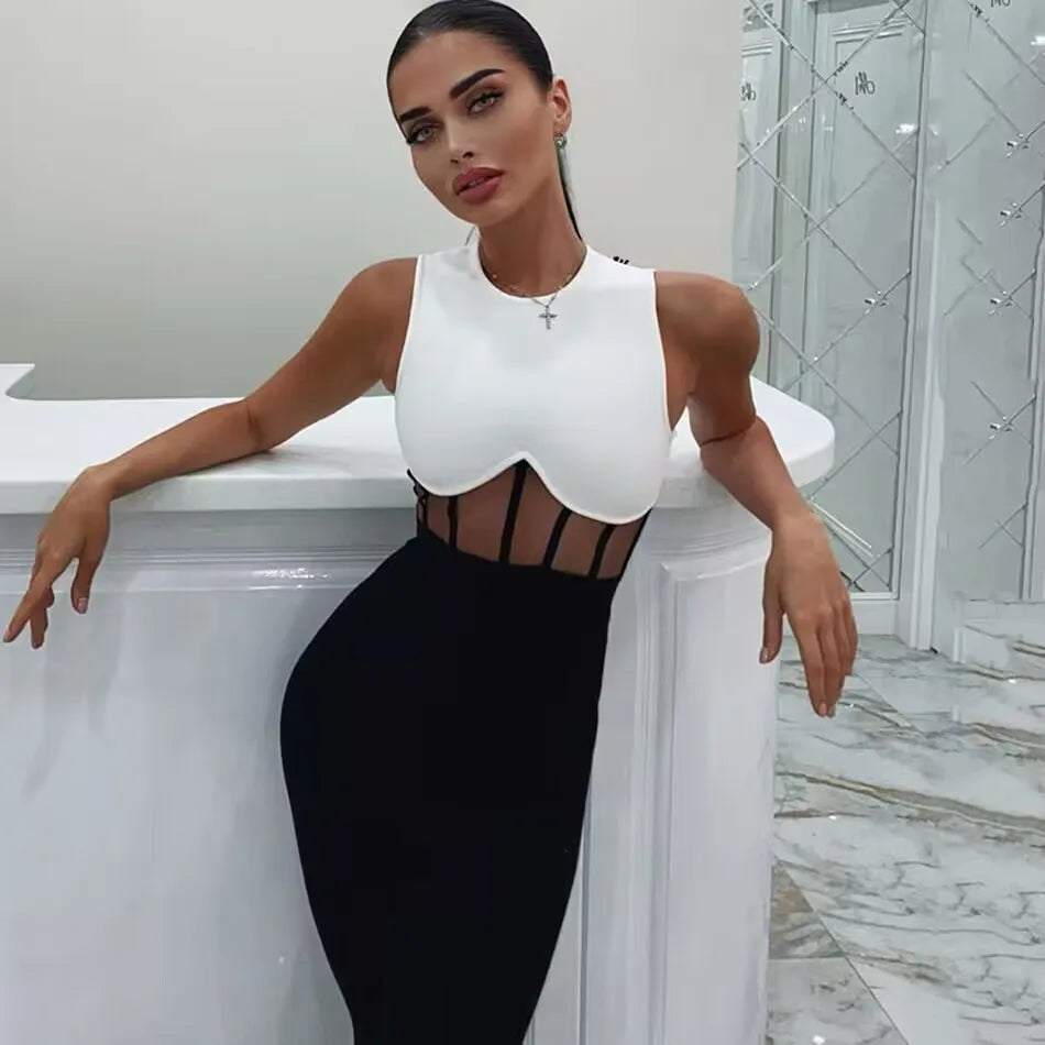 Insert Mesh Black and White Bodycon Bandage Jumpsuit