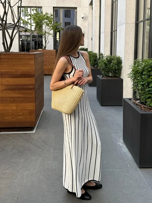 Contrast Stripe Knitted Slim Maxi Dresses