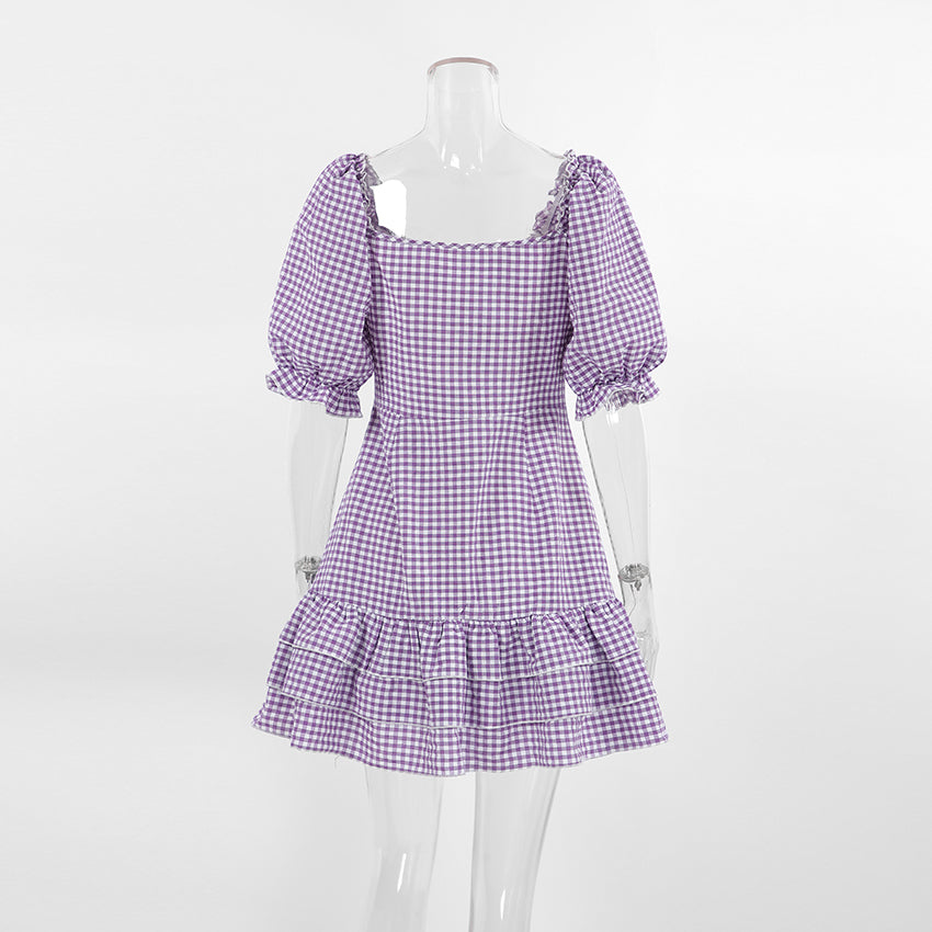 French Purple Pattern Square Collar Puff Sleeve Dress