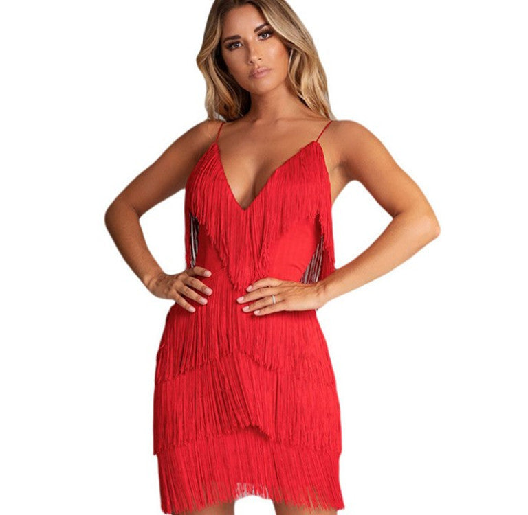 Tassel Stitching Backless Dress Red Mini Dress 1