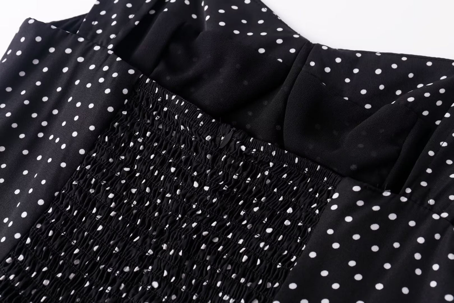 Comfortable Square Collar Pure Black Bottom Polka Dot Printed Dress