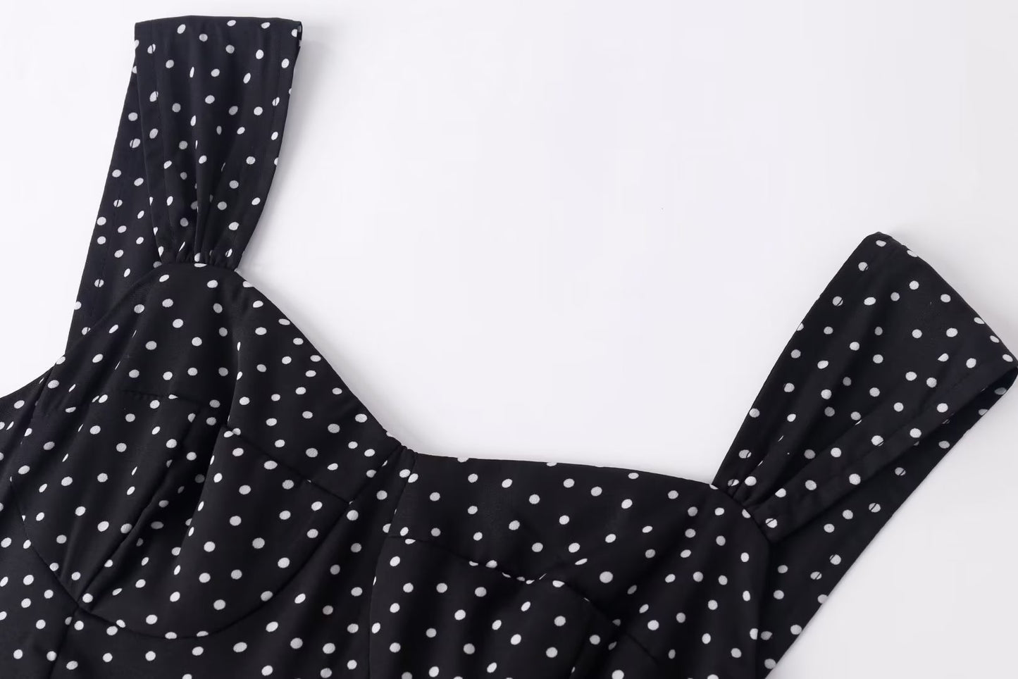 Comfortable Square Collar Pure Black Bottom Polka Dot Printed Dress