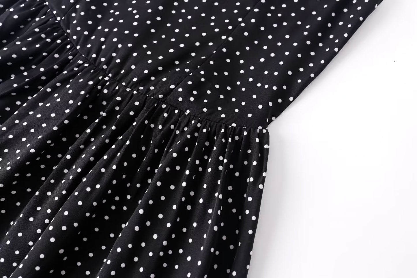 Comfortable Square Collar Pure Black Bottom Polka Dot Printed Dress