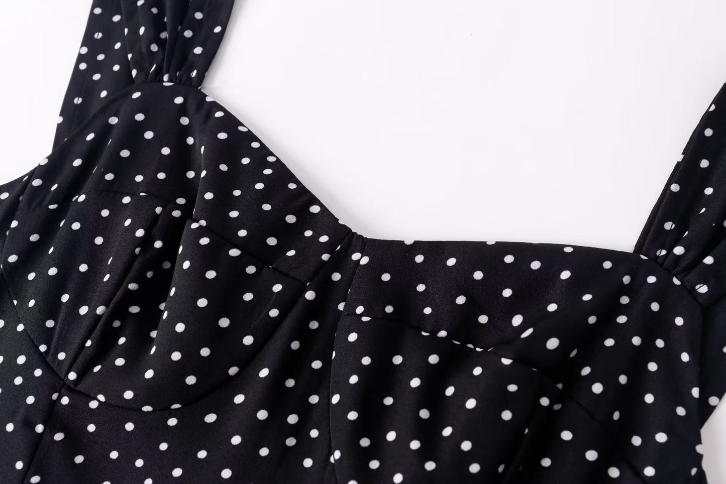 Comfortable Square Collar Pure Black Bottom Polka Dot Printed Dress