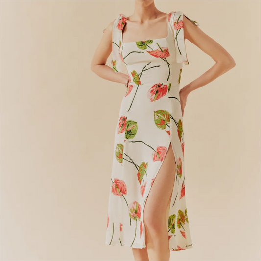 French Elegant Pastoral Printed High Slit Strap Dress Maxi dress 1