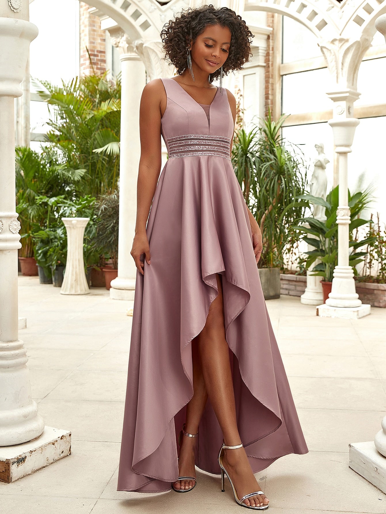 sequin waist high low satin formal dress Sequin Waist High Low Satin Formal Dress Verde Limon Panama