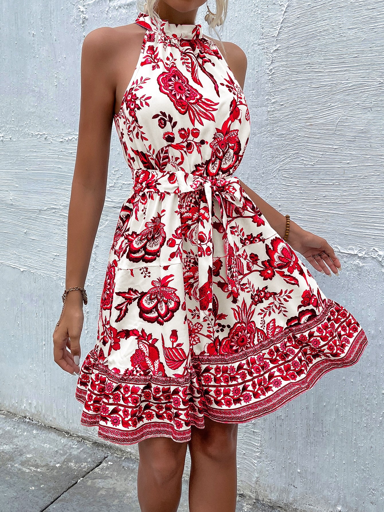 Floral Print Belted Halter Dress Mini Dress 1