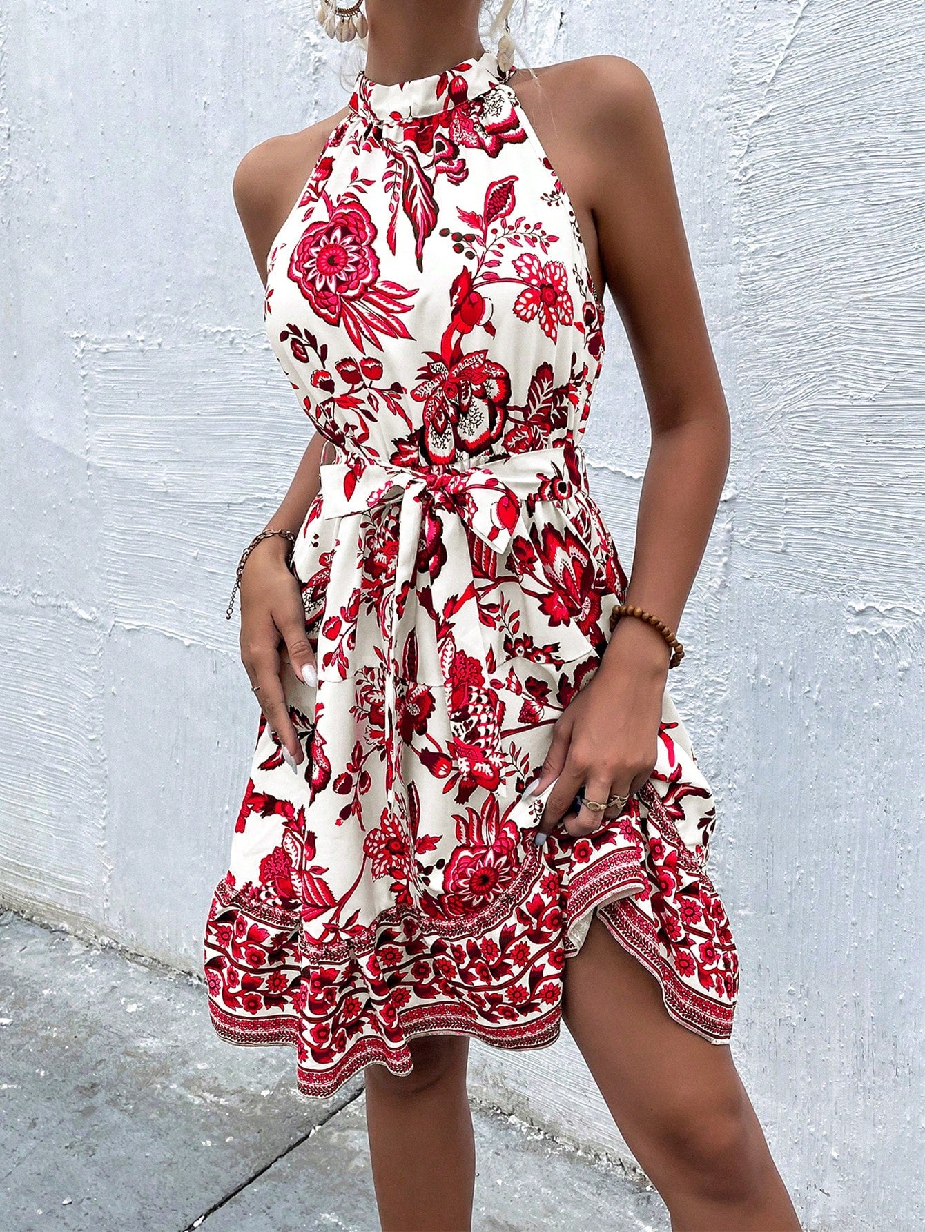 Floral Print Belted Halter Dress Mini Dress 1