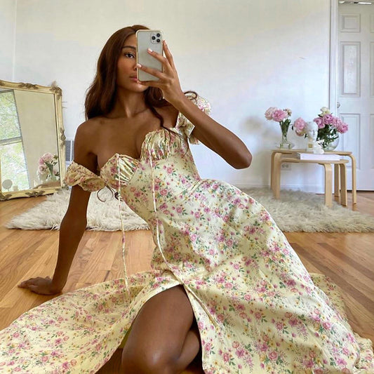 Puff Sleeve Floral Tie-Neck High Slit Maxi Dress