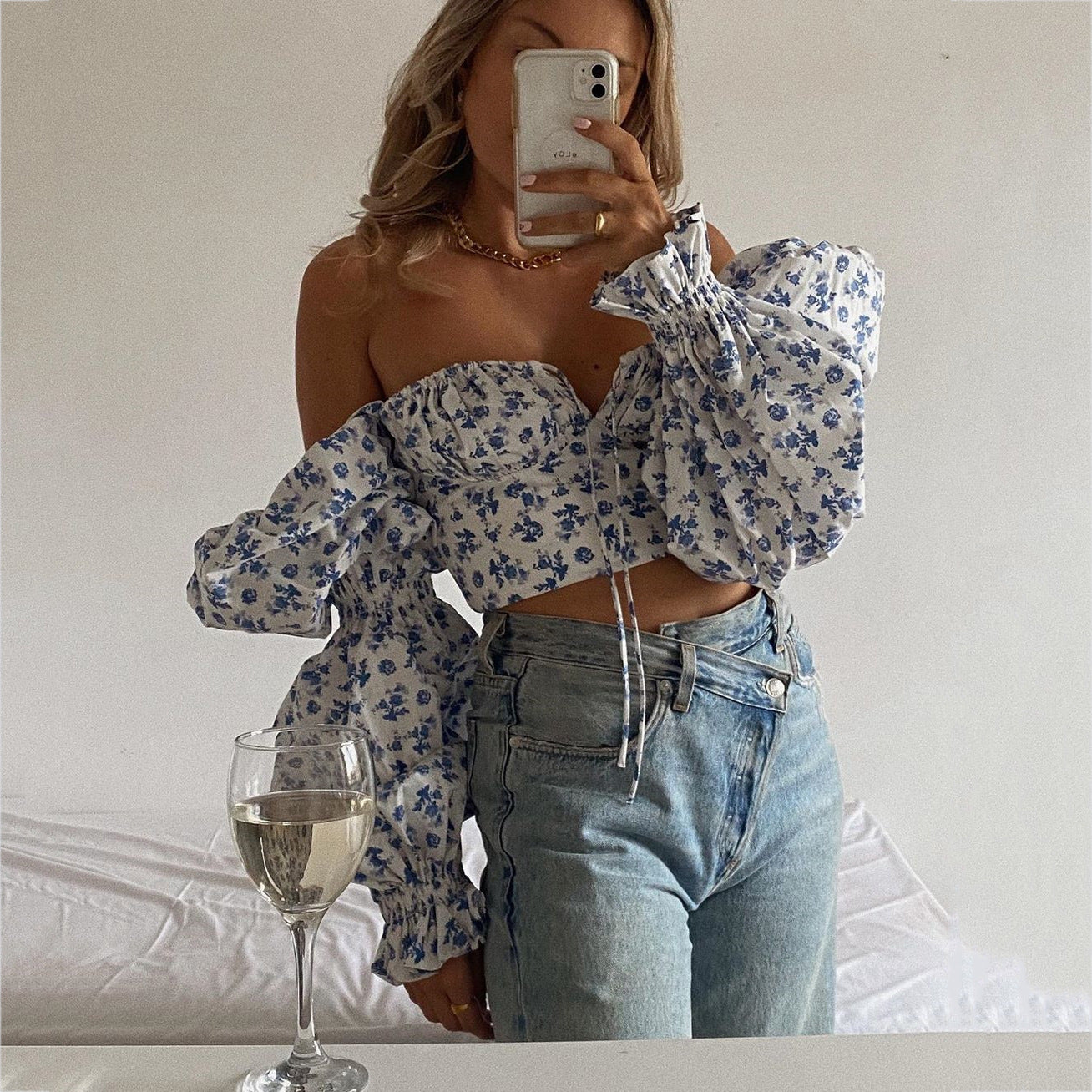 Floral Flare Sleeve Tie Neck Pleated Crop Top Short Top PE Blouses