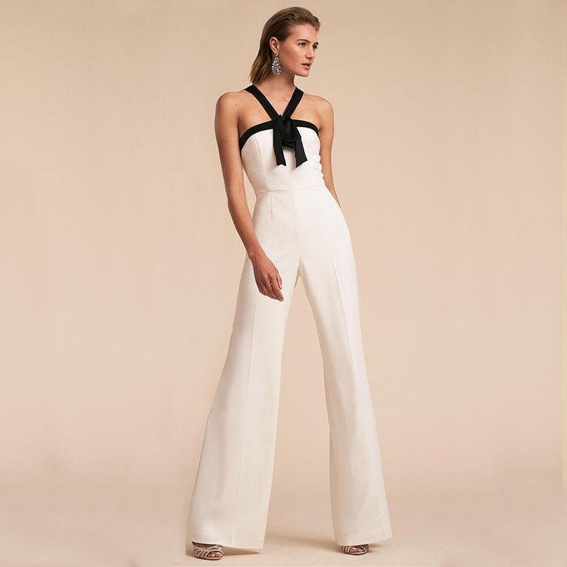 Contrast Color Suspender Jumpsuit White with Black Edges Jumpsuit/Rompers