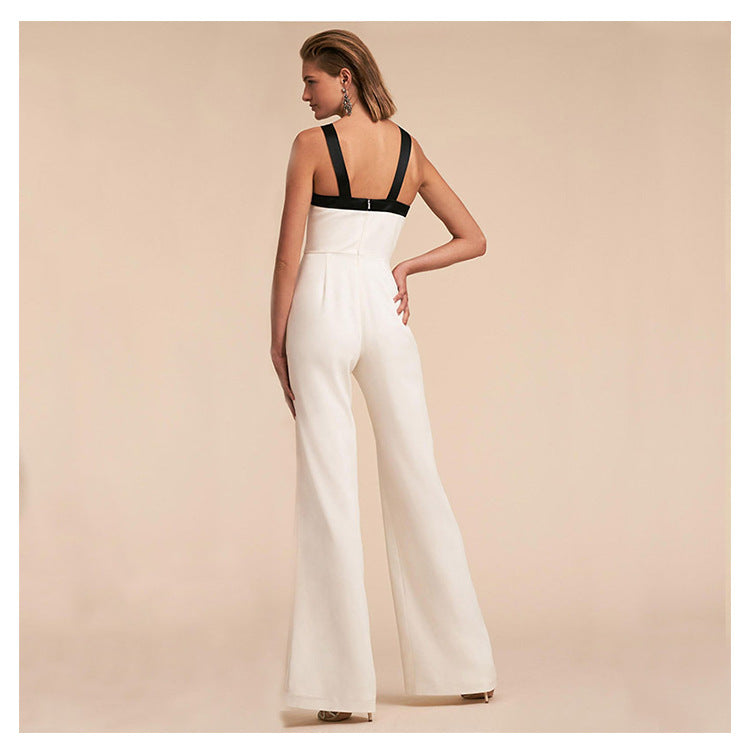 Contrast Color Suspender Jumpsuit Jumpsuit/Rompers