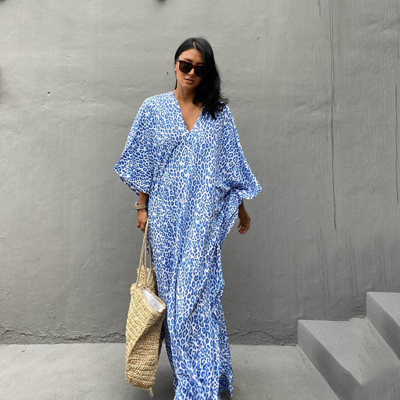 Blue Leopard Print Rayon cover up for the beach Swimwear