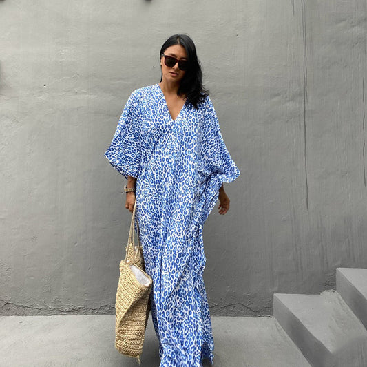 Blue Leopard Print Rayon cover up for the beach