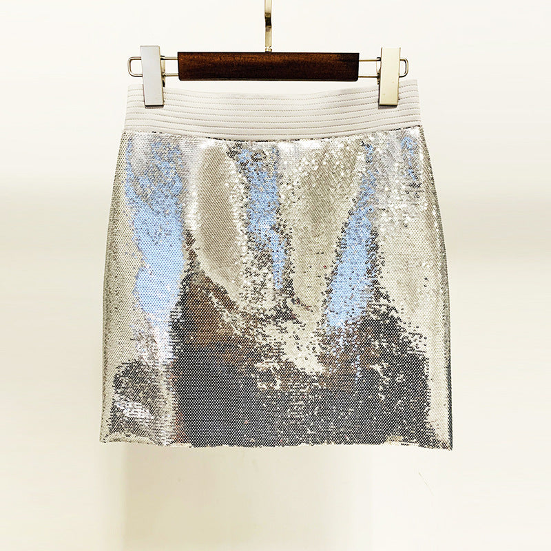 Metallic Coated Short Suit Mid Length Skirt Set Two Piece Set