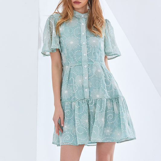 Elegant Stand Collar Short Sleeve Printed Short Dress Mini Dress 1