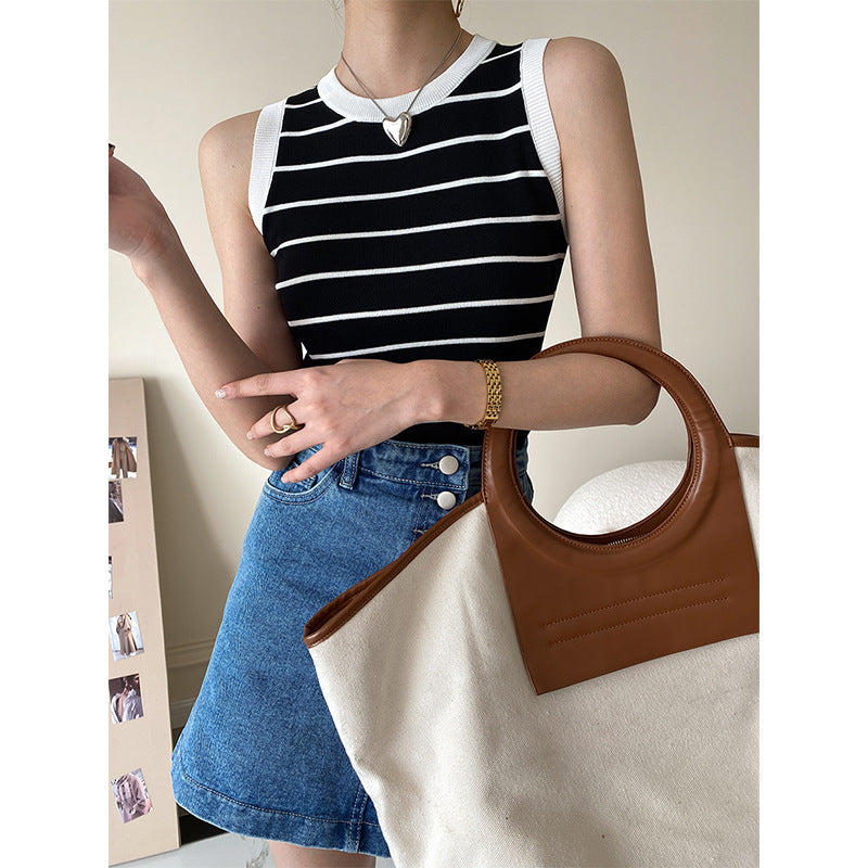 Fashion Color Contrast Striped Slim Fit Short Vest top PE Blouses