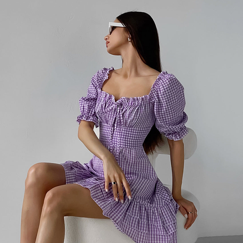French Purple Pattern Square Collar Puff Sleeve Dress